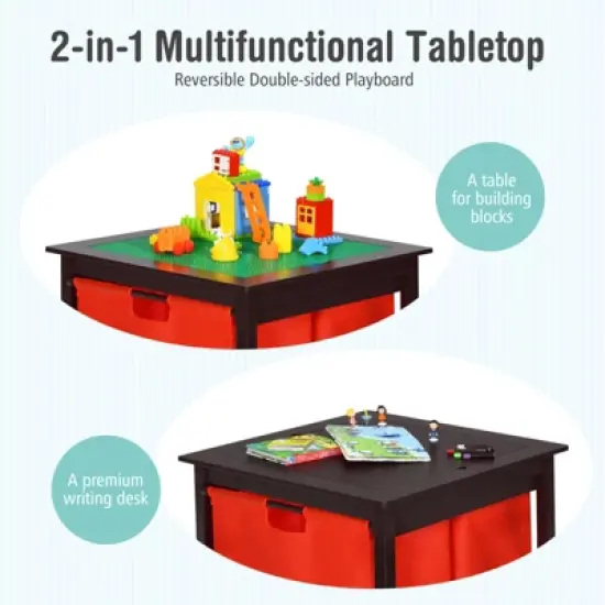 Costway 2-in-1 Kids Double-sided Activity Building Block Table W/ Drawers Brown image {6}