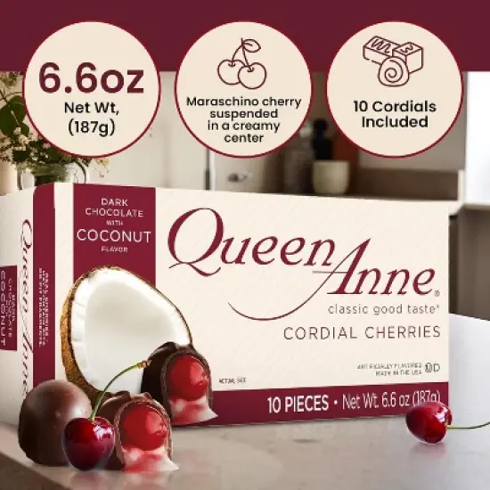 Queen Anne Dark Chocolate Coconut Covered Cordial Cherries | 6.6 Ounces | 10 Piece Gift Box | Whole Cherry Sweet Creamy Fruity Flavor image {2}