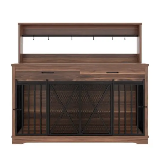 55" Wooden Dog Crate Furniture for 2 Dogs,Indoor Dog Kennel with Divider,Drawers and Barn Doors,Dog Crate TV Stand-Maison Boucle image {4}