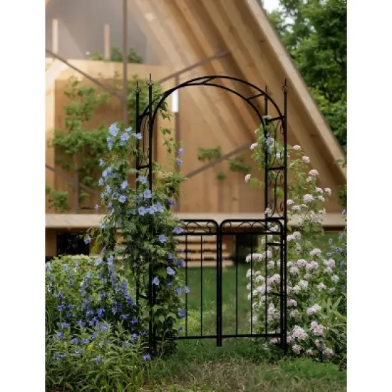 8FT Black Garden Arch with Gate &uml;C Heavy-Duty Metal Arbor for Wedding Decor, Sturdy Steel Archway for Climbing Roses & Vines image {2}