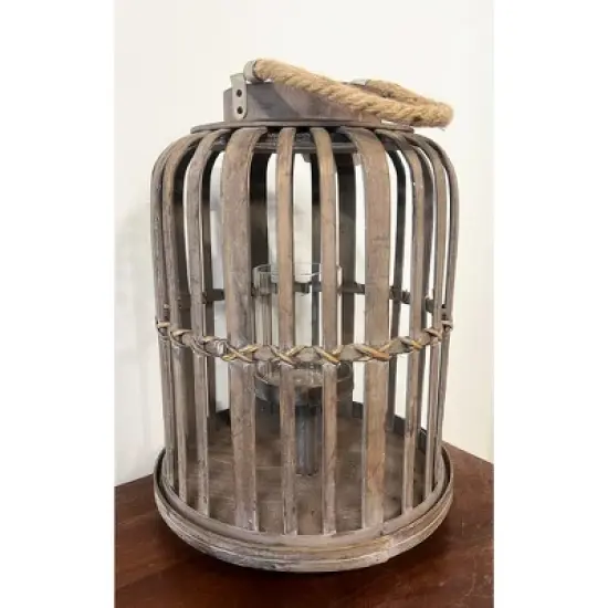 Essential Decor & Beyond 14.5" Natural Bamboo Glass Candle Holder Tabletop Lantern With Rope Handle image {1}