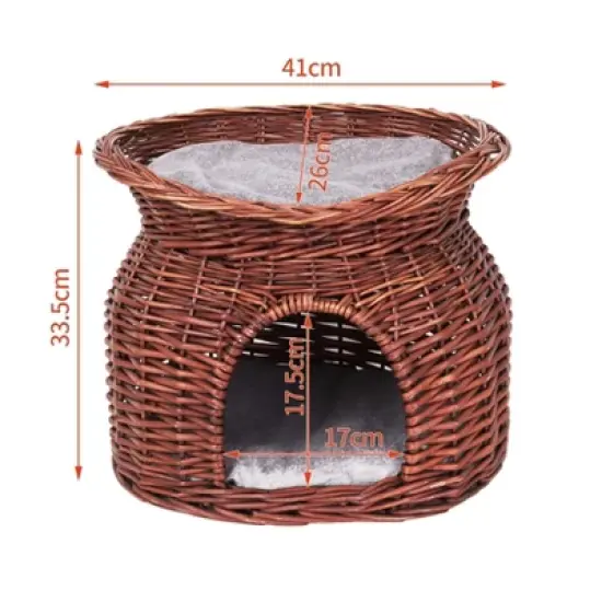 2 Tiers Handwoven Rattan Elevated Cat Bed Raised Wicker Pet Basket Indoor with 2x Soft Cushion image {2}