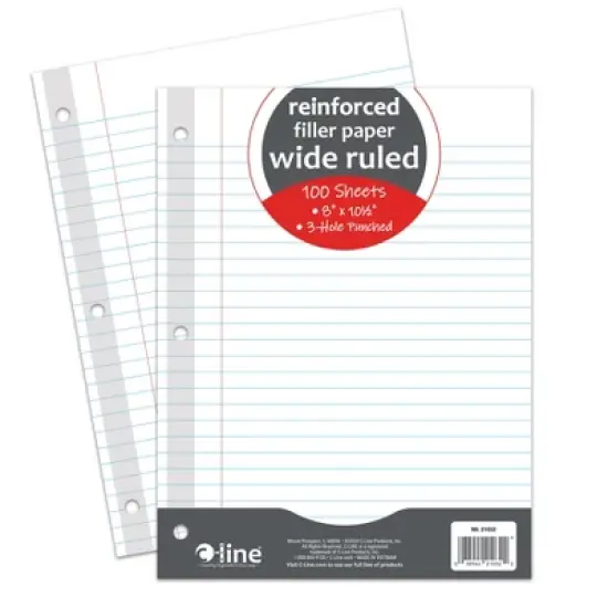 C-Line&reg; Reinforced 3-Hole Punched, Filler Paper, Wide Rule, 10.5" x 8", 100 Sheets Per Pack, 6 Packs image {1}