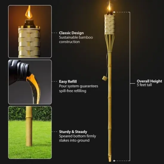 Sorbus 5 Feet Tall Set of 12 Bamboo Outdoor Torches with Metal Oil Canister & Snuffer Cover image {2}