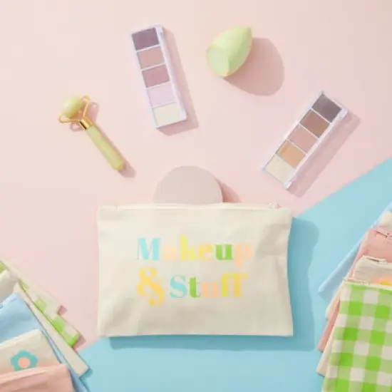 12 Pack Rainbow Pastel Canvas Makeup Bags for Women with Zipper, 4 Colors and 6 Designs (8 x 6 In) image {1}