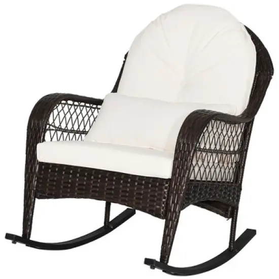 Tangkula Patio Wicker Rocking Chair w/ White Seat Cushions & Lumbar Pillow Porch image {5}