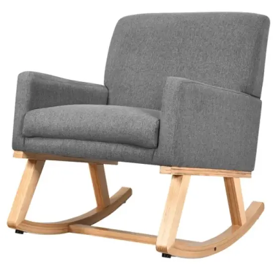 Costway Mid Century Rocking Chair Upholstered Armchair w/ Lumbar Support BeigeGray image {10}