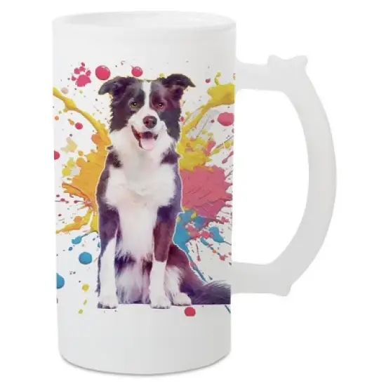 100 North Freezable Beer Stein Mug With Thumb Grip Handle, 16 Ounce Frosted Glass, Border Collie Dog Paint Splatter image {5}