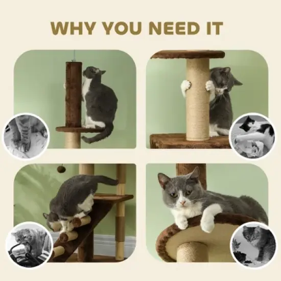 PawHut Floor to Ceiling Cat Tree, Adjustable Height 89"-104" Cat Tower with Cat Condo, Scratching Posts, Perches, 3-Steps, Hanging Ball & Anti-Tip Kit image {4}