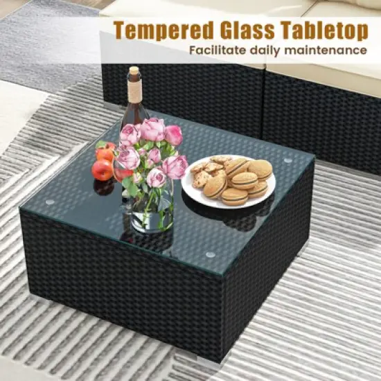 Tangkula 5 Pieces Outdoor Patio Furniture Set Sectional PE Rattan Sofa Set with Cushions and Tempered Glass Coffee Table image {5}