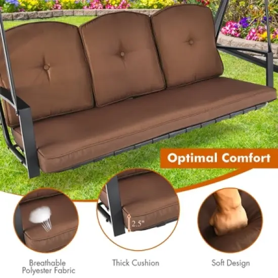 Costway Outdoor 3-Seat Porch Swing with Adjust Canopy and Cushions Gray\Brown image {6}