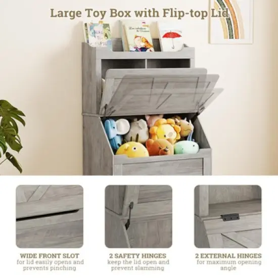 3-Tier Kids Bookcase and Toy Storage Organizer with Flip-Top Lid, Wooden Toy Chest for Playroom, Bedroom, Nursery image {3}