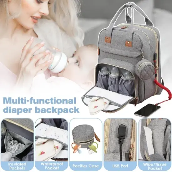 Itopfox Large Diaper Backpack with Changing Station, Insulated Pockets, USB Port, Waterproof, Lightweight, Unisex, Grey image {3}
