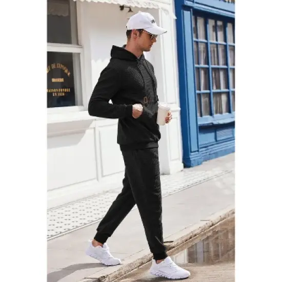 COOFANDY Men's Tracksuit 2 Piece Hoodie Sweatsuit Sets Casual Athletic Jogging Suits Waffle Plaid Jacquard Outfits image {5}