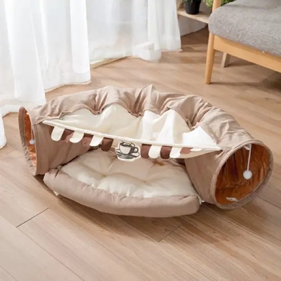 LOVSON Foldable Cat Tunnel Bed, Indoor Cat Use Only, Cat Hideaway Tunnel with Hanging Toy and Soft Cushion Pad, Washable, Coffee Brown image {7}