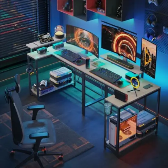 Pinmoco 42 inch Reversible L-Shaped Gaming Desk with LED Light Monitor Stand Headphone Hook & Storage Shelves for Home Office image {14}