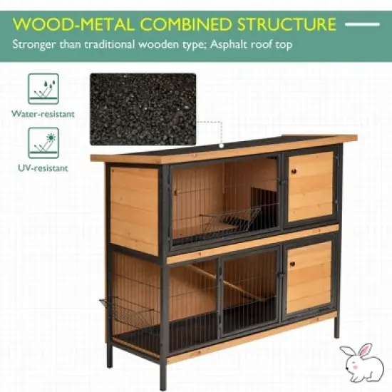 PawHut 48" 2-Story Large Rabbit Hutch Bunny Cage Wooden Pet House Metal Frame, Ramp, No Leak Tray, Trough, Waterproof Asphalt Roof for Outdoor/Indoor image {7}