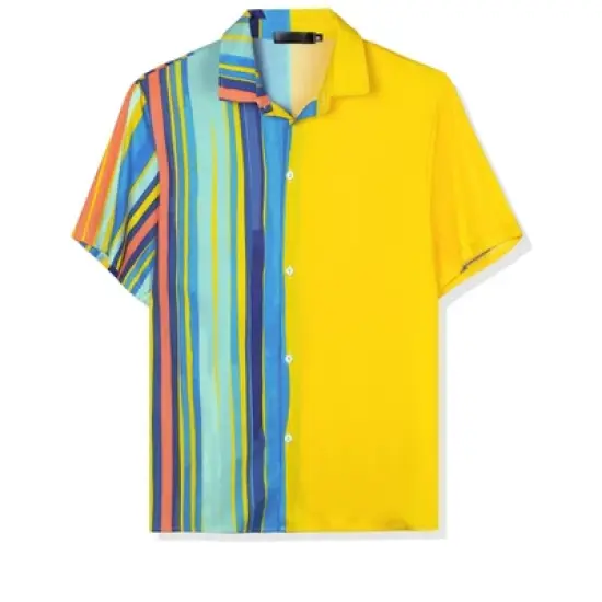 Lars Amadeus Men's Irregular Geometric Color Block Patchwork Button Down Short Sleeve Striped Shirts image {7}