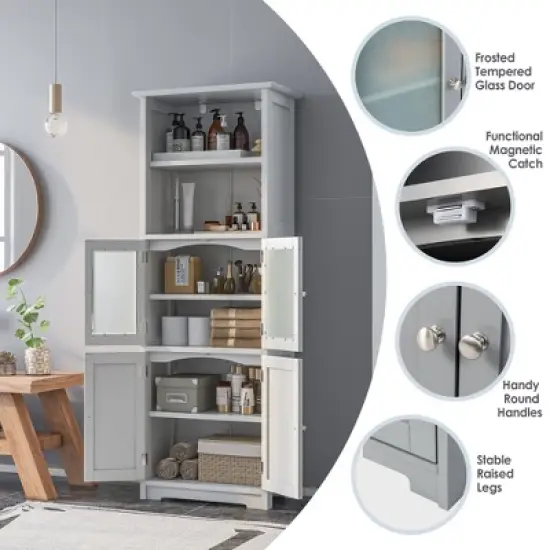 Tangkula Bathroom Tall Storage Cabinet Linen Tower w/ Glass Door & Adjustable Shelf White image {5}