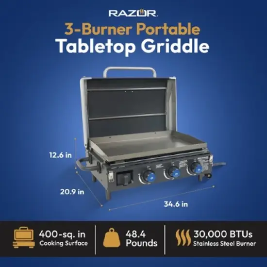 Razor GGC2228MG Stainless Steel Triple Burner 34.5" Portable Pre Seasoned Tabletop Outdoor Griddle for Backyard Cooking, Tailgating, and Camping image {2}