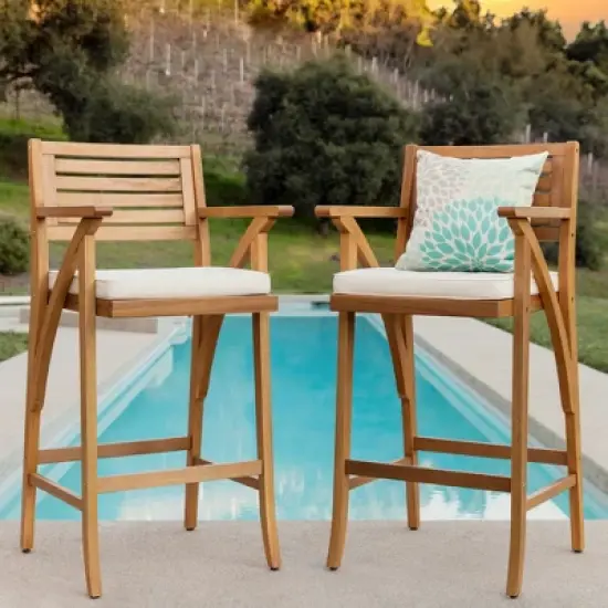 Best Choice Products Set of 2 Outdoor Acacia Wood Bar Stools Bar Chairs w/ Weather-Resistant Cushions - Teak Finish image {1}