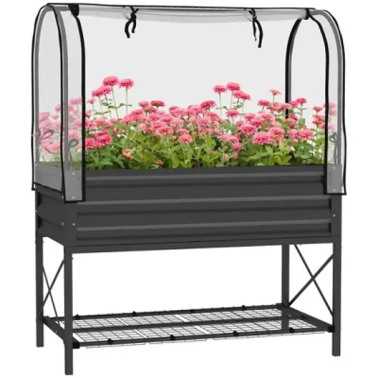 Outsunny Raised Garden Bed with Cover and Storage Shelf, Rectangular Metal Elevated Planter Box with Legs and Bed Liner image {6}
