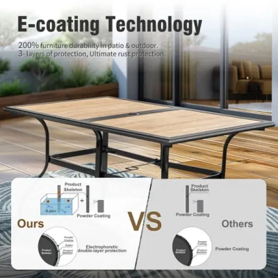 Captiva Designs 1Pc Outdoor Wood-look Rectangle Steel Frame Dining Table with Umbrella Hole image {5}