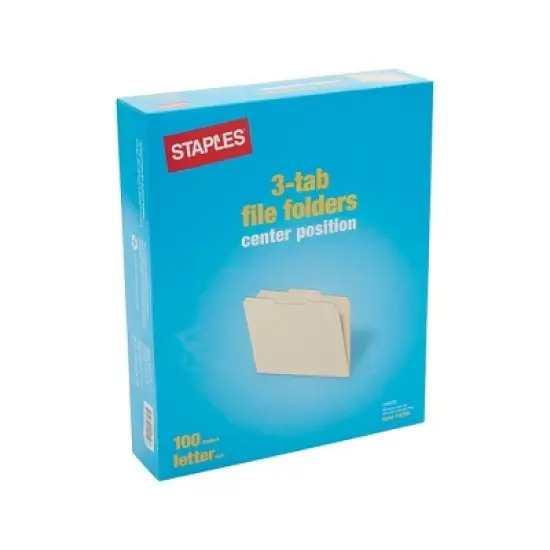 Staples Manila File Folders 3-Tab Center Position Letter 100/Box (116780) image {2}