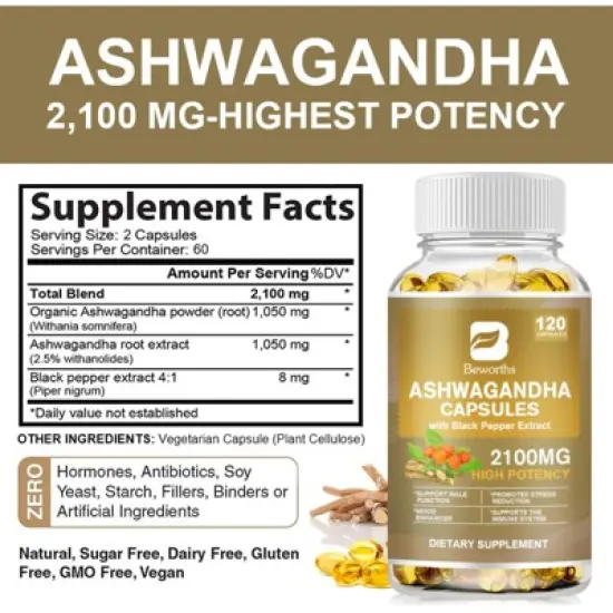 B Beworth Extra Strength Ashwagandha 2100 mg Supplement, 120 Capsules image {6}