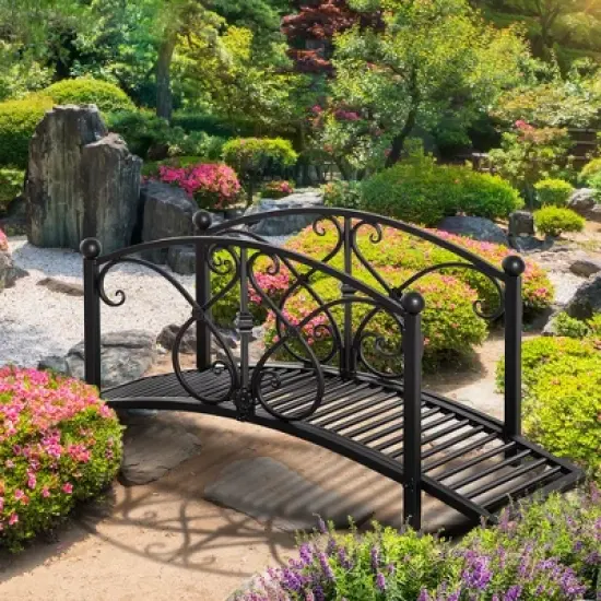 Outsunny 3.3FT Metal Arch Zen Garden Bridge with Safety Siderails, Decorative Footbridge, Delicate Floral Scrollwork for Stream, Fish Pond image {1}