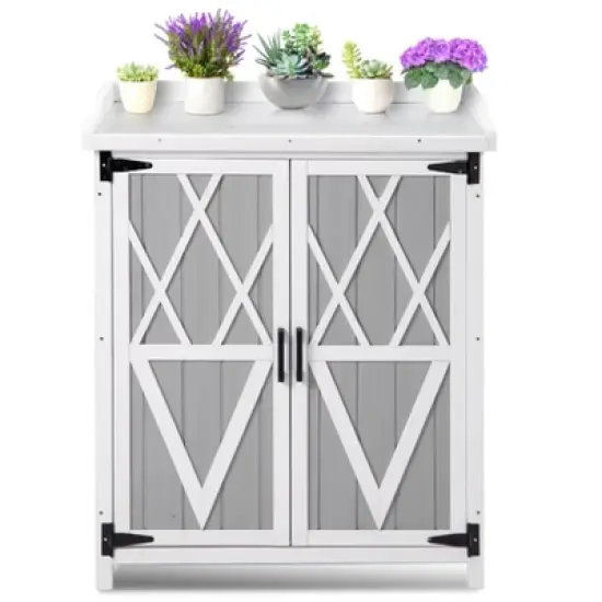 Potting Bench Outdoor Cabinet with Metal Tabletop, Workbenches with Adjustable Shelf, Wooden Storage Cabinets Waterproof for Garden Patio Lawn image {9}