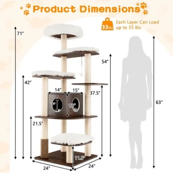 Costway Wooden Cat Tree 71'' 7-Layer Cat Tower with Sisal Scratching Posts Perch & Cushions Brown/Natural image {9}