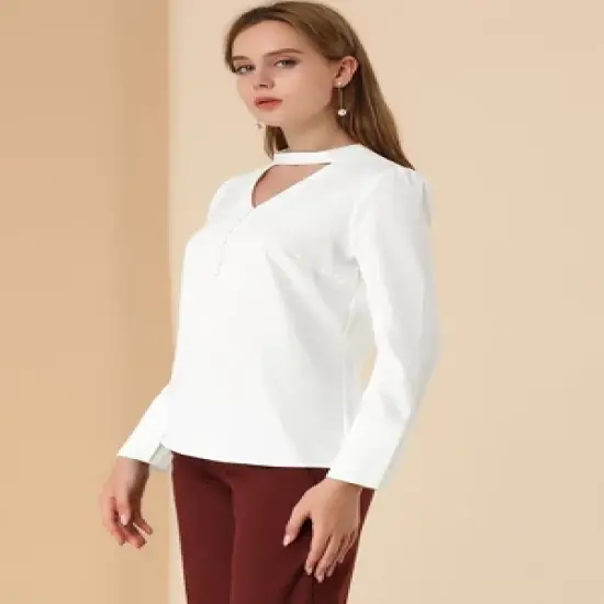 Allegra K Women's Keyhole Stand Collar Blouse Long Sleeve Button Front Work Blouses image {3}