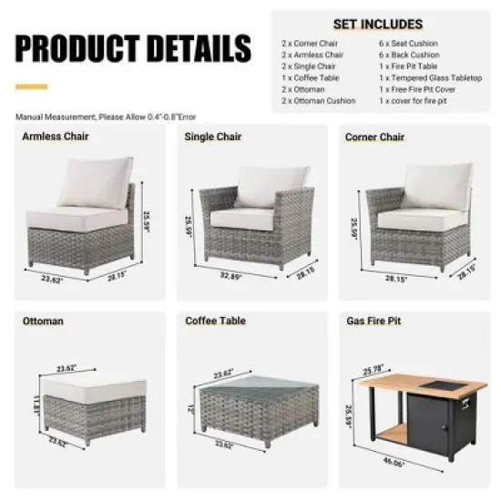 Tenaya 10pc Wicker Outdoor Patio Furniture Set Conversation Sofa with a Storage Fire Pit and Cushions image {3}