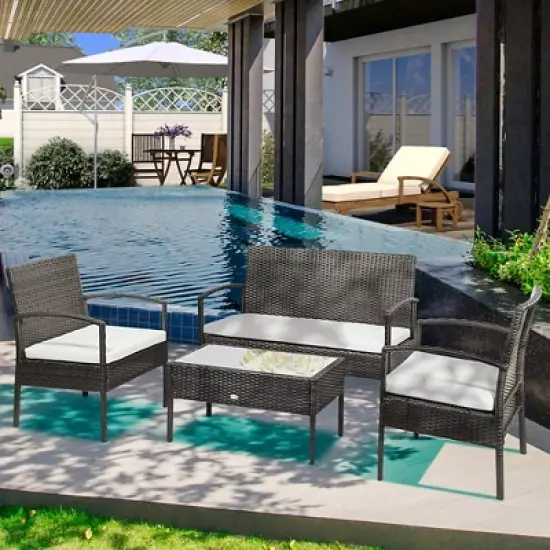 Outsunny Patio Porch Furniture Sets 4-PCS Rattan Wicker Chair w/ Table Conversation Set for Yard,Pool or Backyard Indoor/Outdoor Use image {1}