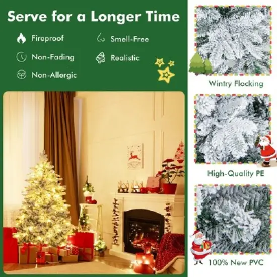 Costway 4.5FT/6FT/7 FT Pre-Lit Flocked Christmas Tree Hinged w/ 120/260/300 LED Lights & 757/1415/1687 Branch Tips image {5}