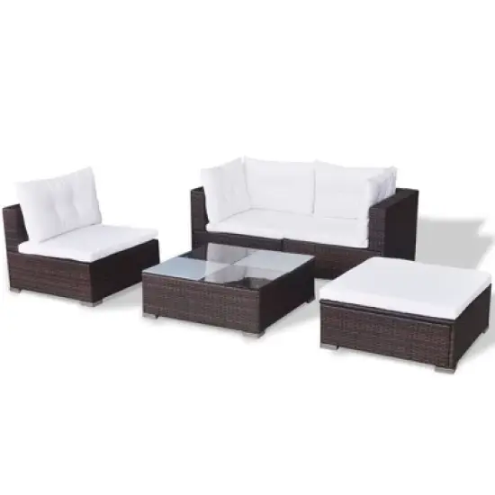 vidaXL 5 Piece Patio Lounge Set - Poly Rattan, Brown - Durable, All-Weather Outdoor Sofa Set with Cushions, Ottoman and Tea Table image {4}