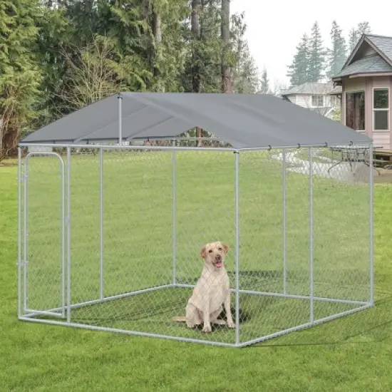 PawHut Outdoor Metal Dog Kennel, Pet Playpen with Steel Lock, Mesh Sidewalls and Cover for Backyard & Patio image {2}