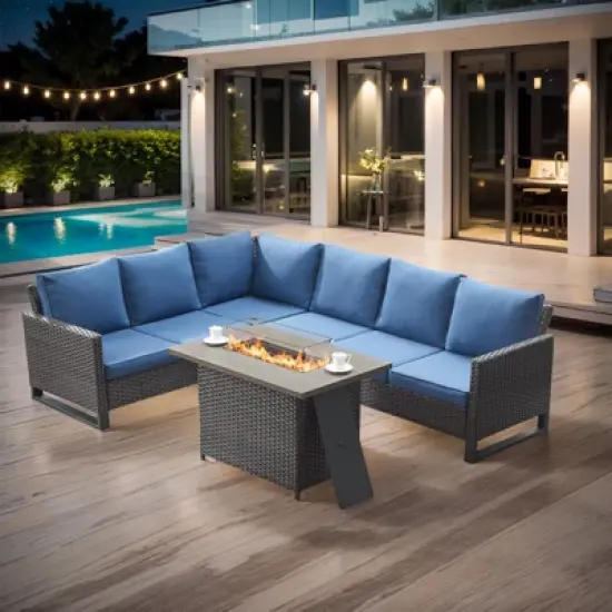 Buenhomino 4 Pieces Outdoor Patio Furniture Set with 41&rdquo; Fire Pit Table, Rattan Patio Sectional Sofa Conversation Set with 50000BTU Propane Fire Pit image {14}