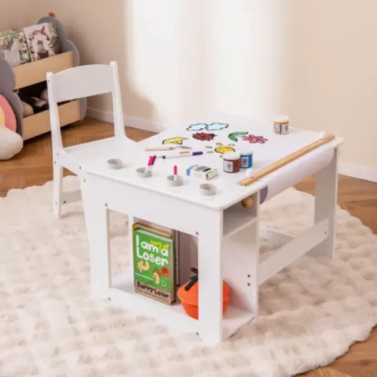 Infans Kid&rsquo;s Art Table & Chair Set with Paper Roll 4 Paint Cups & 2 Storage Shelves image {2}