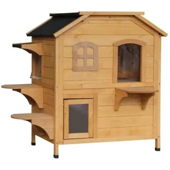 Gulches PawHut 2-story Cat House Outdoor, Weatherproof Wooden Cat Enclosure for Feral Cats, Natural image {9}