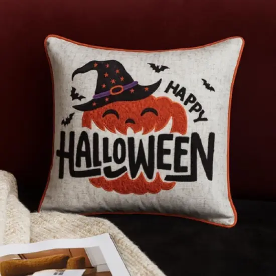 Yukimo 20x20 Happy Halloween Pumpkin Witch Throw Pillow with Embroidered Design, Seasonal Decor with Polyester Insert image {4}