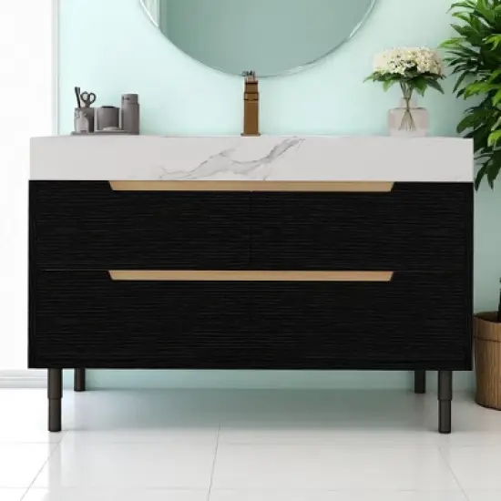 40" Wall-Mounted Bathroom Vanity with Oval Ceramic Sink, Floating Cabinet with Moisture-Resistant Countertop, Soft-Close Storage image {2}