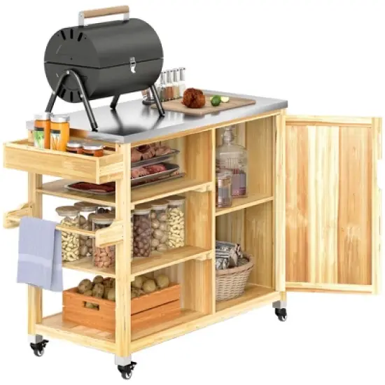 Outsunny Outdoor Grill Cart with Wheels and Storage Cabinet, Solid Wood Outdoor Kitchen Island with Stainless Steel Top, Natural Wood image {6}