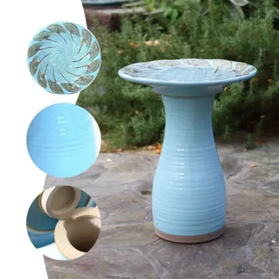 LuxenHome 20" Elegant Tall Ceramic Bird Bath for Outside with Leaf Pattern, Sky Blue image {3}