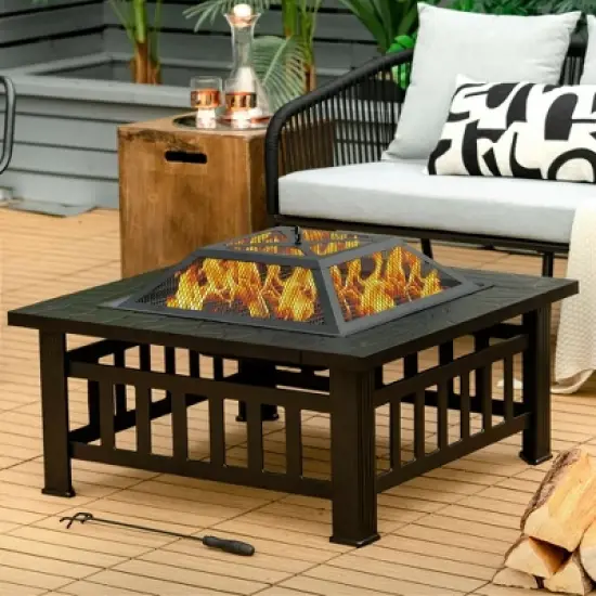 Costway 32'' 3 in 1 Outdoor Square Fire Pit Table W/ BBQ Grill, Rain Cover for Camping image {1}