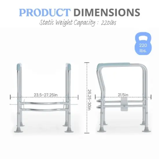 Emma and Oliver Ramsey Toilet Safety Rail for the Elderly with Height Adjustable Silver Steel Frame, Gray Padded Handles and Suction Cup Feet image {15}