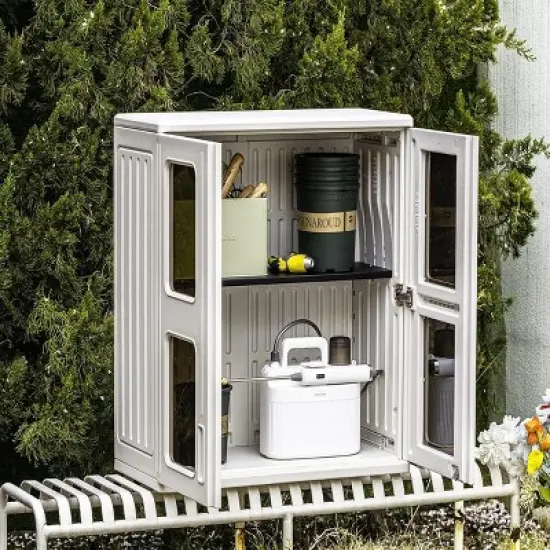 Syemin Outdoor Storage Shed, Vertical Tall Tool Shed with Five Shelves, Lockable Door for Patio, Backyard and Lawn, White, 28.9"*13.3"*30.1" image {5}