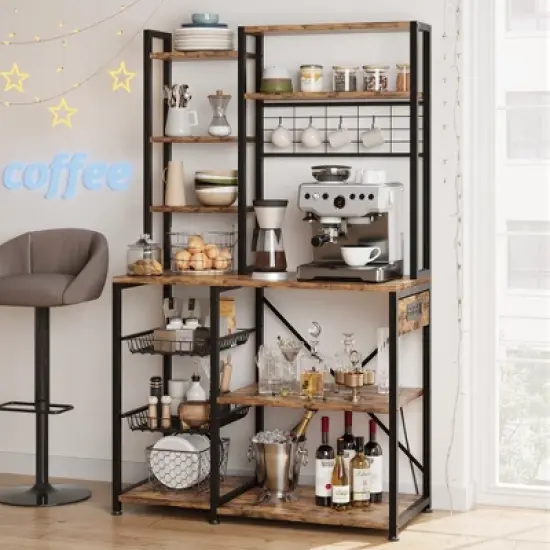 70.1" Bakers Rack with Power Output, Coffee Bar Station with 2 Big Metal Basket, Large Storage Rack, Microwave Stand, Coffee Stand Station image {1}