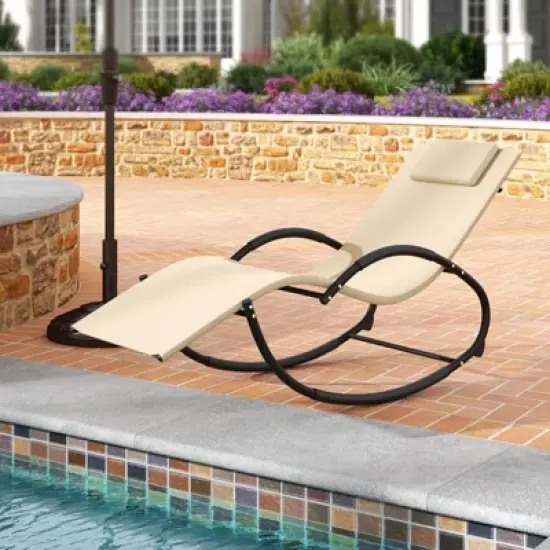 Costway 1/2 PCS Outdoor Rocking Lounge Chair with Removable Headrest Breathable Backrest & Seat Beige image {3}